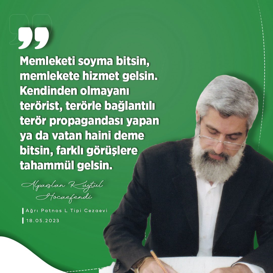 Memleketi soyma bitsin, memlekete hizmet gelsin. Kendisinden olmayanı terörist, terörle bağlantılı terör propagandası yapan ya da vatan haini deme bitsin, farklı görüşlere tahammül gelsin.  Cezaevinden SesKaydı #Unutturmayacağız