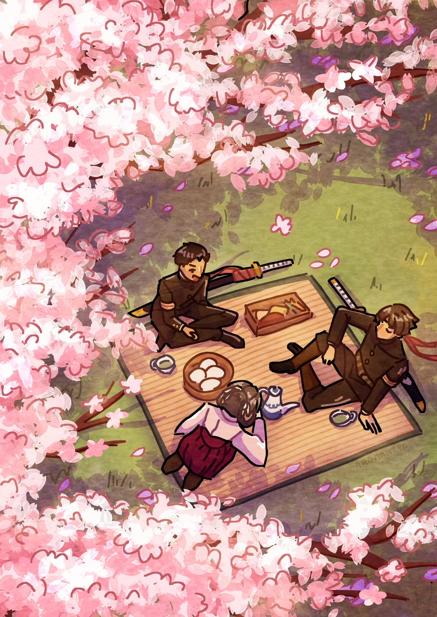 just pals having a picnic under cherry blossom trees 🌸

<a href="/tgaaspring_zine/">The Adventures of the Great Trial</a> #TGAA #DGS