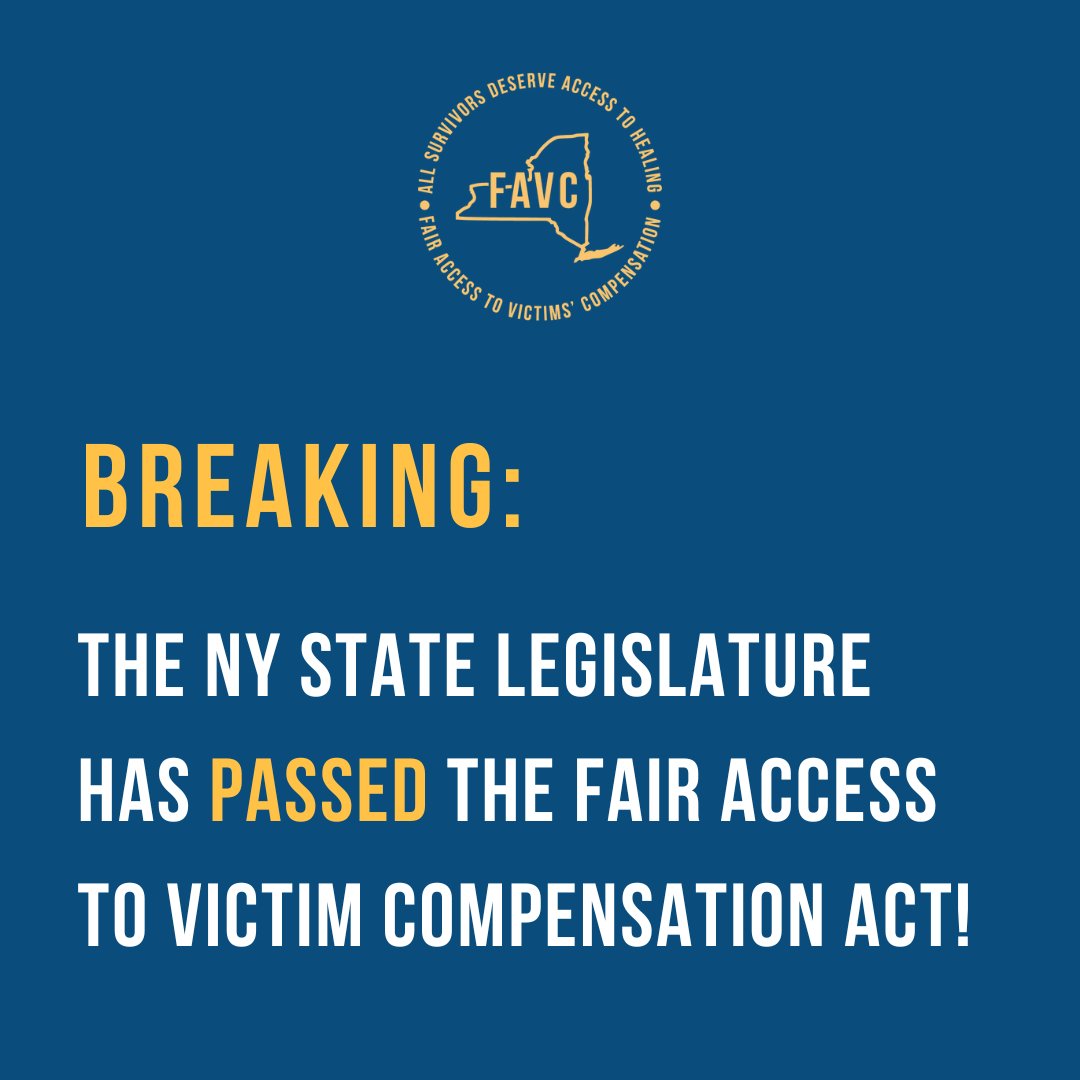 BREAKING: The Fair Access to Victim Compensation Act is officially heading to @GovHochul’s desk! We want to thank our sponsors @DemondLMeeks & @SenatorMyrie for fighting for survivors' rights and to @NYSenDems @NYSA_Majority for carrying this bill through to the finish line. A 🧵