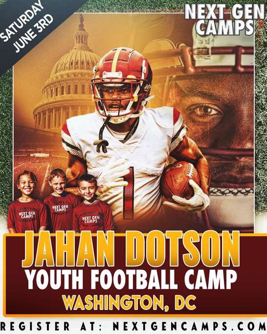 JahanDotson's tweet image. Excited to announce my first ever Jahan Dotson camp with NxtGenCamps Saturday June 3rd, in Upper Marlboro, MD! Come out and develop your game with your me. Autographs, photos and special prizes for competition winners are all included! Love Uno. #HTTC  

nextgencamps.com/jahan-dotson-y…