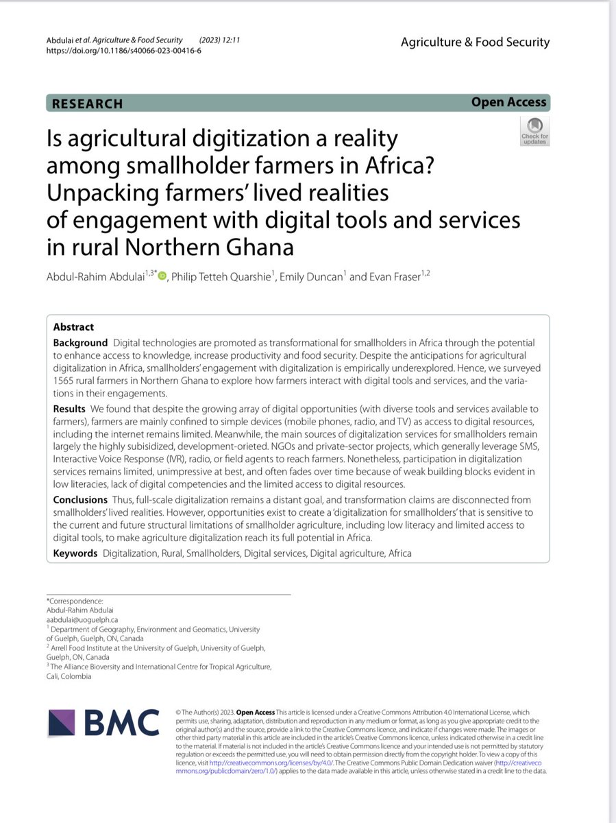 ModernAgri_Tips's tweet image. 📢 Announcing new research paper 📝w/ @ALOLLO91 @EmilyRDuncan &amp;amp; @Feeding9Billion

➡️ Is agricultural #digitilization a reality among smallholder #farmers in Africa? Unpacking farmers&apos; lived realities w/ engagement with digital Ag technologies &amp;amp; services. 

…tureandfoodsecurity.biomedcentral.com/articles/10.11…
