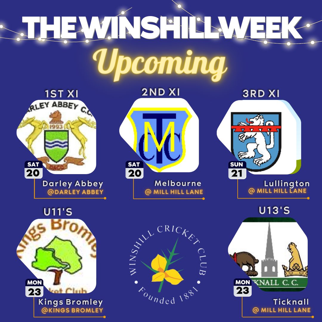 THE WINSHILL WEEK . . .

It's Wk.5 and we have 5 matches ahead of this week with the weather looking ok!

1's &amp; 2's games start at 1pm, 3's at 12.30pm and junior games at 6pm.

Don't forget senior home games will be LIVE streamed on our YouTube Channel!

#WeAreWinshillCricket