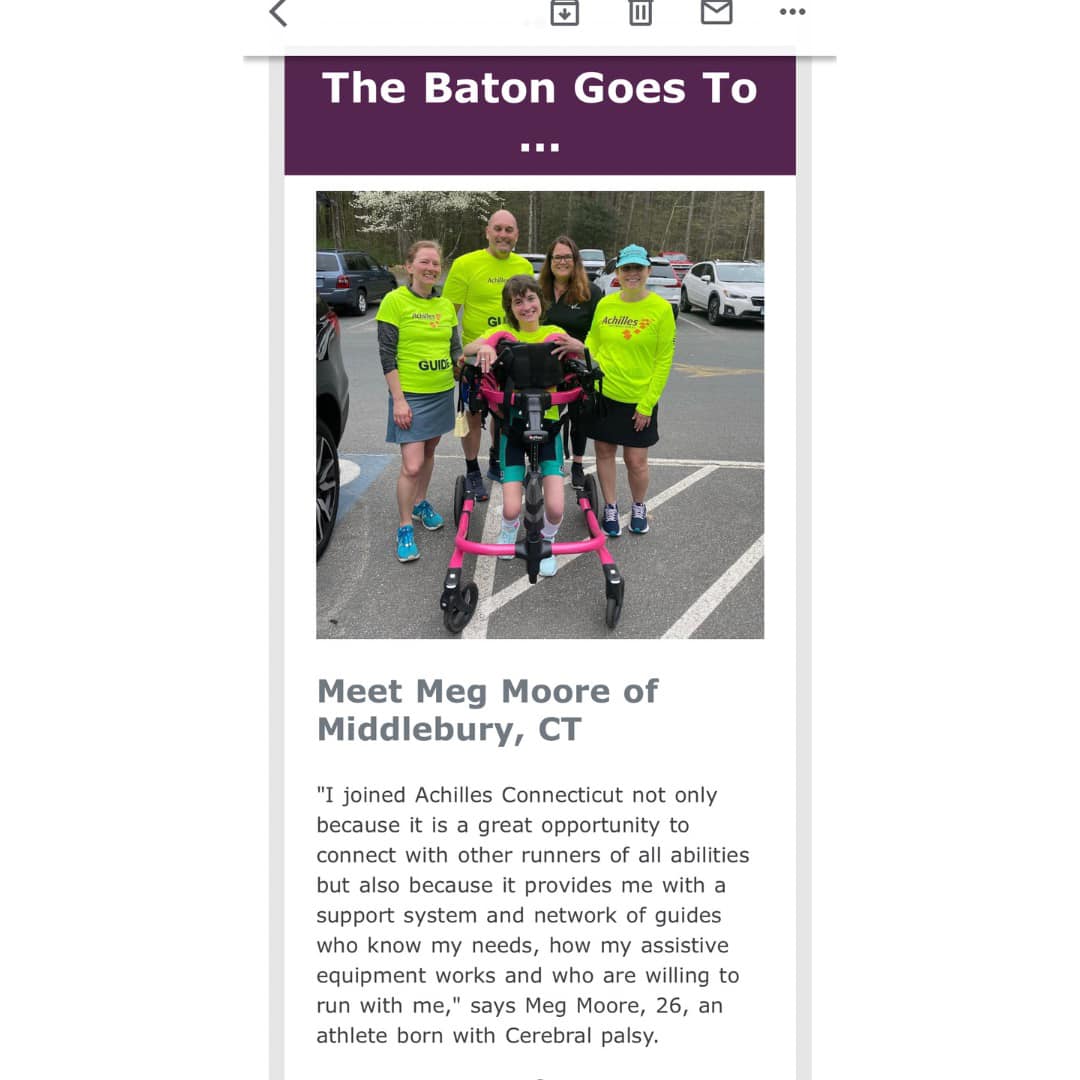 mooreofawriter's tweet photo. Imagine my surprise when I opened the @achillesintl Relay newsletter and saw this. Thank you to @achillesct for selecting me to be their featured athlete. It is truly an honor to be part of this community and to carry this baton. 💜
#goachilles #achillesrelay #disabledrunner https://t.co/H1ZoQDUZrj