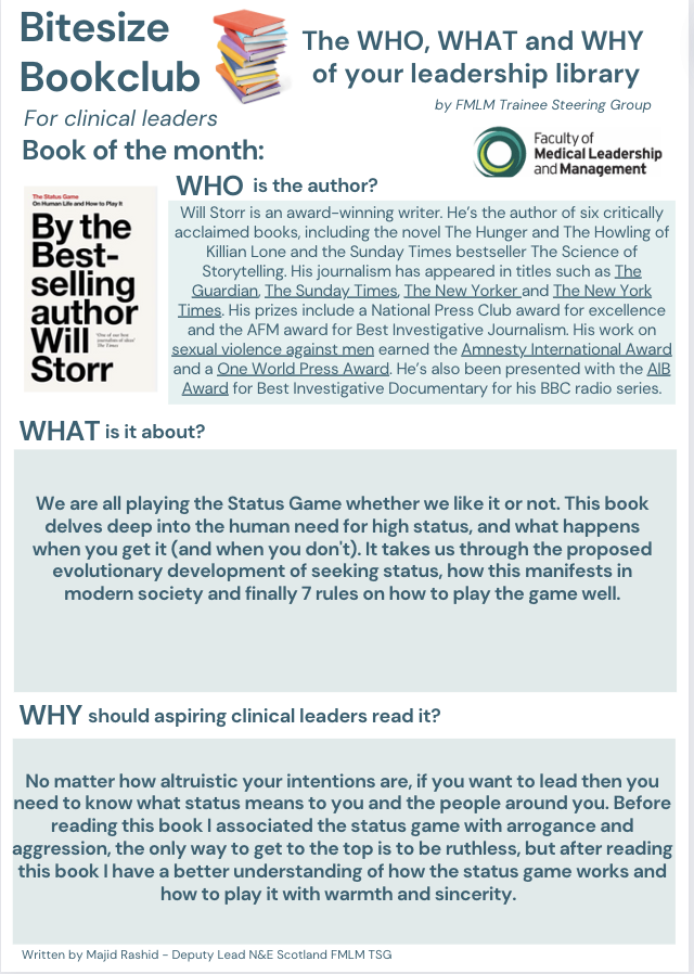 Q2 Why is the book “The Status Game: On Human Life and How to Play It” by Will Storr relevant today’s NHS?
#BMJLeaderchat

<a href="/MajidMRashid/">Majid Rashid</a>  <a href="/wstorr/">Will Storr</a> <a href="/AimeeRobson4/">Aimee Robson (she/her)</a> <a href="/RamminaY/">Rammina 🌍</a> <a href="/FMLM_TSG/">FMLM Trainee Steering Group</a> <a href="/FMLM_UK/">Faculty of Medical Leadership and Management</a> <a href="/TheIHI/">Institute for Healthcare Improvement (IHI)</a> <a href="/sanokondu/">sanokondu #BlackLivesMatter</a> <a href="/theQCommunity/">The Q community</a> <a href="/MKChan_RCPSC/">Ming-Ka Chan 陳明嘉, MD MHPE FRCPC 🇨🇦 #BLM</a> <a href="/jobusar/">JO Busari</a> <a href="/mountfordjames/">James Mountford 🇺🇦</a>  @nhsleader