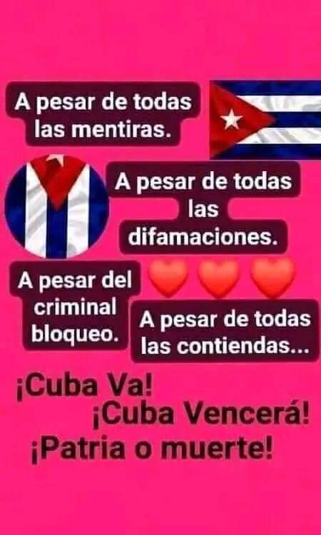 A 🇨🇺 la Guerra que se nos hace, es de pensamiento, manipulación Psicologíca, acoso al sentir de cada #Cubano, queriendo impregnar la tristeza, la desconfianza, un camino sin esperanza. ...Pero..
🌹Saldremos  adelante. 🌹Derrotaremos la inactividad.
🌹 Venceremos.
#CubaVa