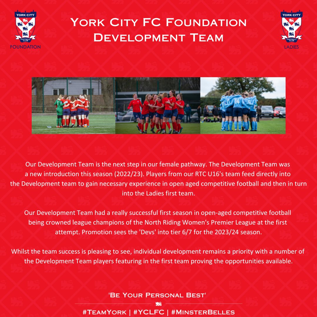 York City FC Foundation (@ycfcfoundation) on Twitter photo The top of the pyramid is the <a href="/YorkCityLFC/">York City Ladies FC</a> First Team with the Development Team sitting below.
The first team currently play at the highest level they have ever been at competing in Tier 4 whilst the ‘Devs’, won the league this season and will be playing in Tier 6/7 next season. The top of the pyramid is the <a href="/YorkCityLFC/">York City Ladies FC</a> First Team with the Development Team sitting below.
The first team currently play at the highest level they have ever been at competing in Tier 4 whilst the ‘Devs’, won the league this season and will be playing in Tier 6/7 next season.