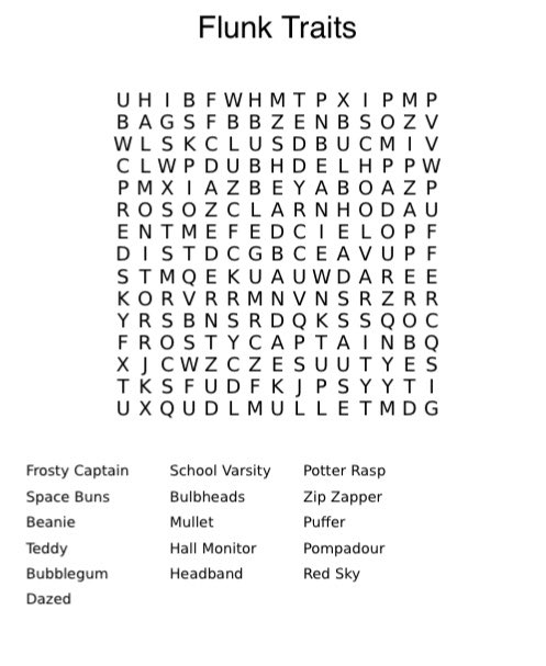 Flunks_HotGoss's tweet image. GM #FlunkFam! Let’s have ourselves a little bit of fun. Can you find the 16 @flunks_nft traits hidden within this word search? #LetsFlunkingGo #onFlow #IYKYK
