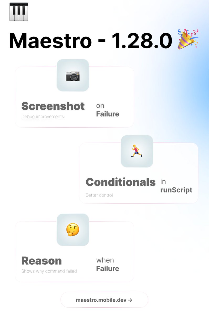 maestro__dev's tweet photo. 🎉 Maestro v1.28.0 is here!

Release Notes →  https://t.co/aOjGthV6YI

With lots of new features!

📷  Automatic Screenshot capture on failure.

🏃‍♂️  Conditionals in runScript

🤔  Shows command failure Reason

We've also addressed iOS, Web, Test report issues and more!