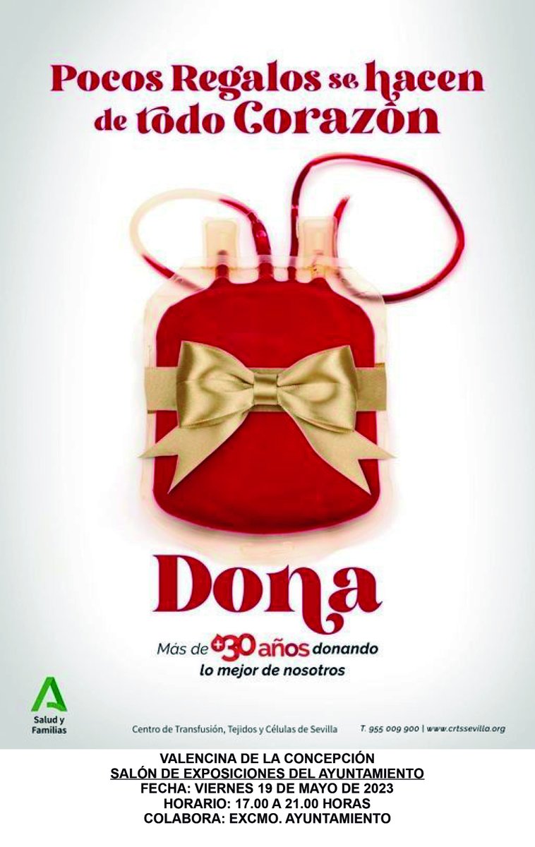 ❣️ 𝐃𝐎𝐍𝐀𝐂𝐈𝐎́𝐍 𝐃𝐄 𝐒𝐀𝐍𝐆𝐑𝐄 𝐄𝐍 𝐕𝐀𝐋𝐄𝐍𝐂𝐈𝐍𝐀
"𝐏𝐨𝐜𝐨𝐬 𝐫𝐞𝐠𝐚𝐥𝐨𝐬 𝐬𝐞 𝐡𝐚𝐜𝐞𝐧 𝐝𝐞 𝐭𝐨𝐝𝐨 𝐜𝐨𝐫𝐚𝐳𝐨́𝐧"
📆 Viernes 19 mayo 2023
⏰ De 17:00 a 21:00 h
🏟 Sala de Exposiciones - Ayuntamiento Valencina
#DonaSangre #DonaSangreDonaVida <a href="/donantessevilla/">CTS Sevilla</a>
