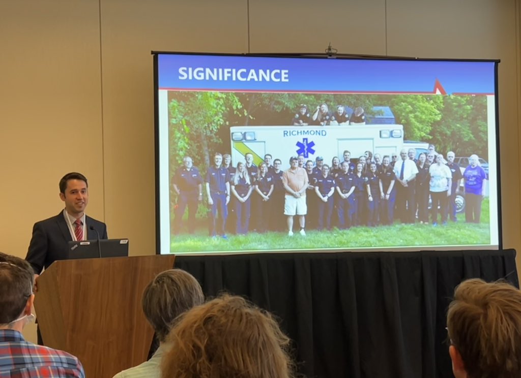 SonoSnowbunny's tweet photo. @UVMEmergencyMed PGY2 Stephen Hobson highlighting the success of state-wide virtual High-Performance CPR training among rural EMS providers across VT #SAEM23 https://t.co/u8hgjfE8Yy