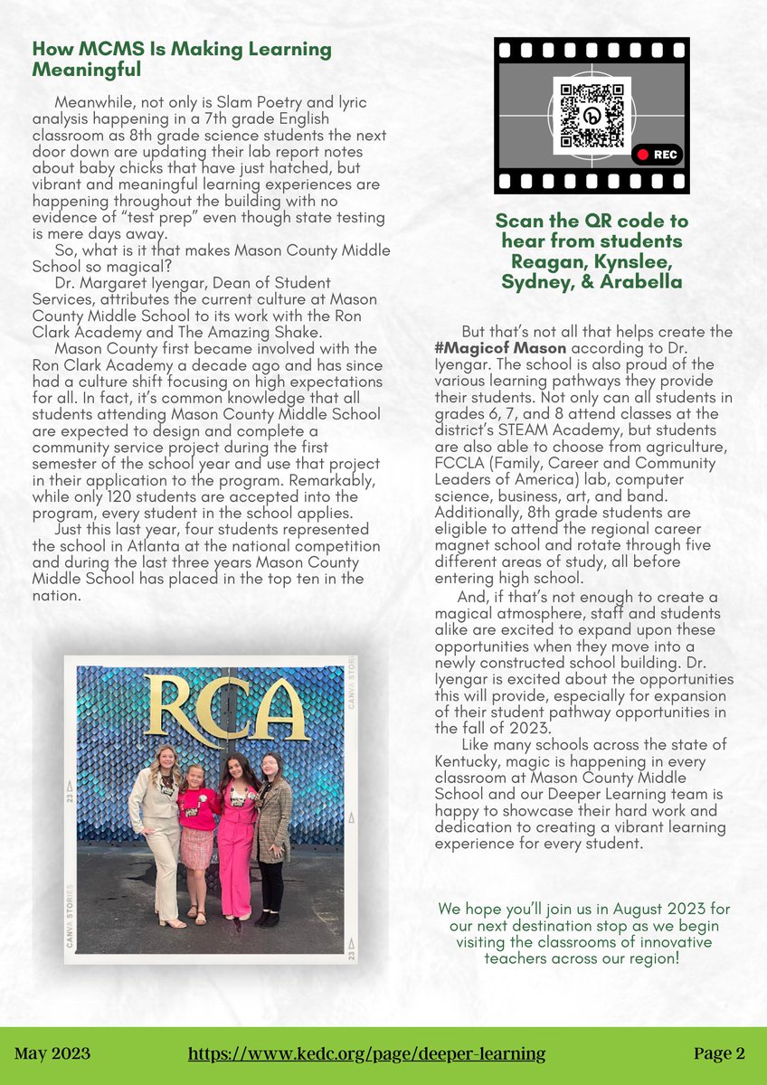 KEDCCRRSADL's tweet photo. We are so excited to share our 1st Deeper Learning Destination Series article featuring @MasonCoSchools, specifically Mason County Middle School. ππ§ π₯π
Check it out π and check back in August for the next stop on our journey!
https://t.co/pIvlgv35Gf
#MagicofMason #KYDL https://t.co/AcAodVCG1A