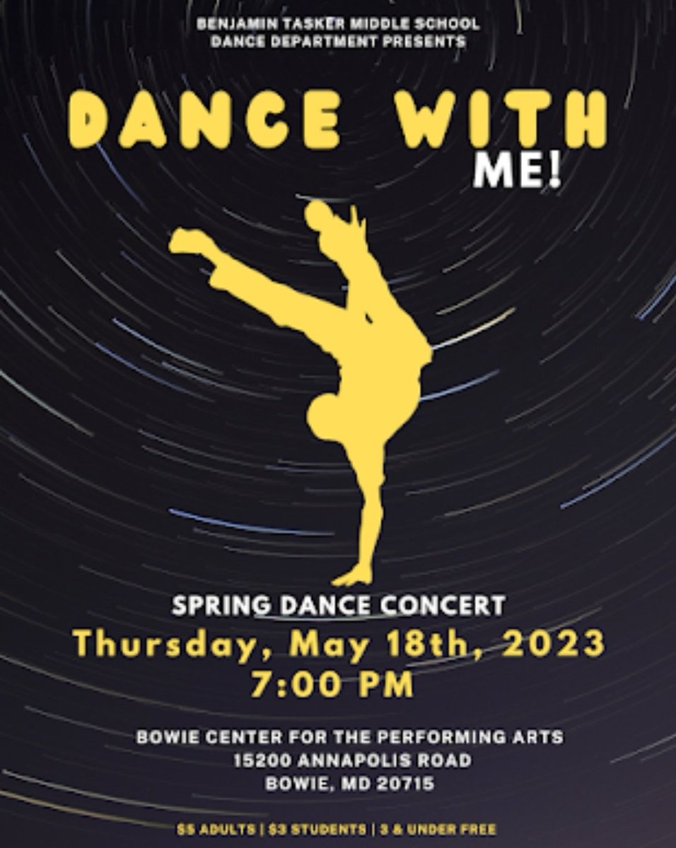 Join us tonight for the Benjamin Tasker Middle School Spring Dance Concert at 7:00 p.m. at the Bowie Center for Performing Arts. You don't want to miss it! <a href="/pgcps/">PGCPS</a> <a href="/PGCPSCurriculum/">PGCPS Department of Curriculum and Instruction</a> @PGCPS_DCPA