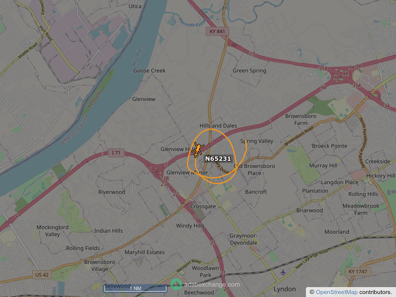 N65231, a 2001 BELL 206B, is circling over Louisville at 2250 feet, speed 55 MPH, squawking 0107, 0.3 miles from The Glenview Trust Company globe.adsbexchange.com/?icao=a89703&z…