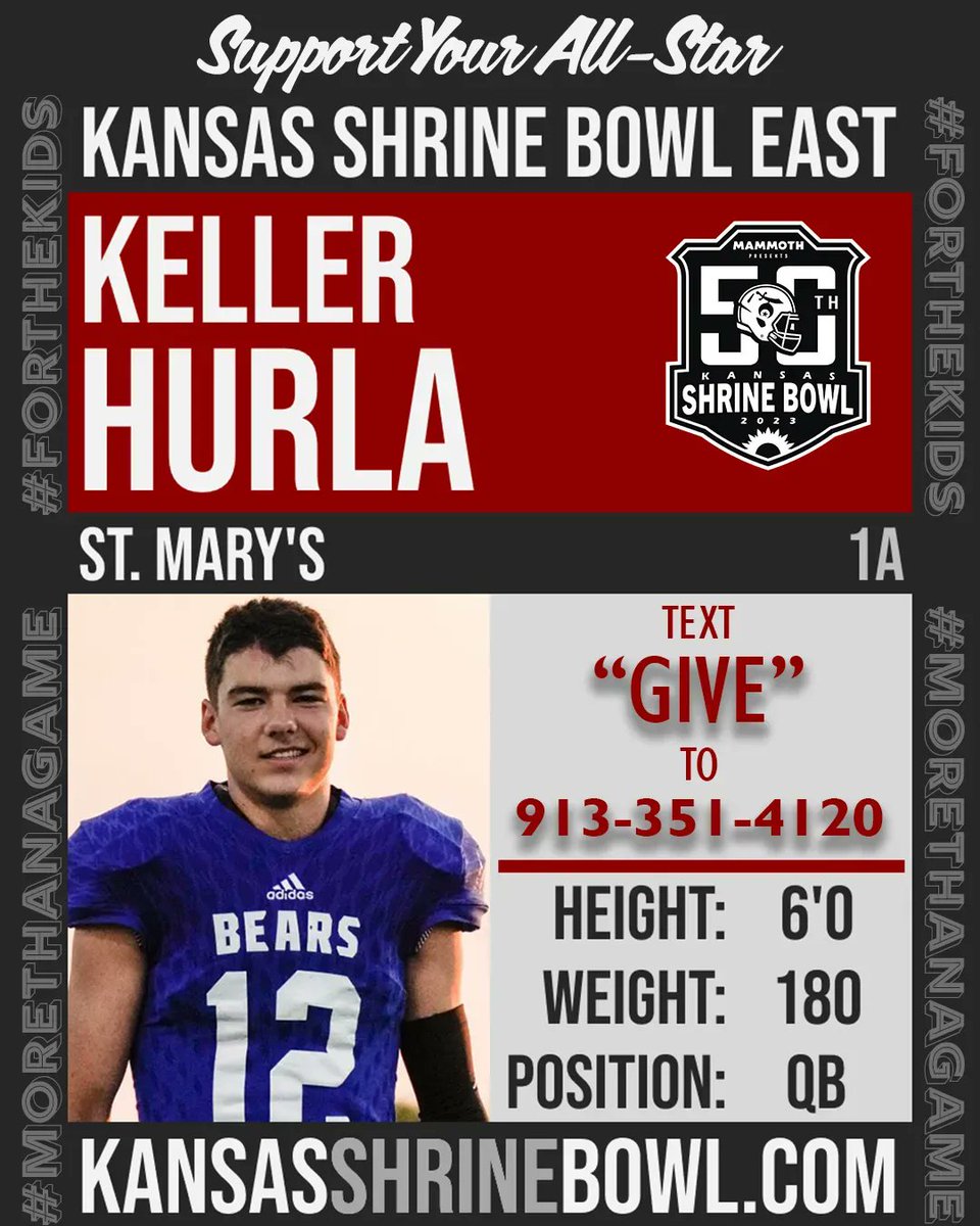 KSShrineBowl's tweet photo. All-Star Spotlight: @KHurla, St. Mary's, is the son of Crystal &amp; Adam Hurla. A 4 sport athlete, Hurla was named Top 11 All Classes, 1A Offensive POY, 1st Team All-State &amp; All-State in basketball, track &amp; golf. Keller will continue his football career at Washburn University. https://t.co/A3gliUDf01
