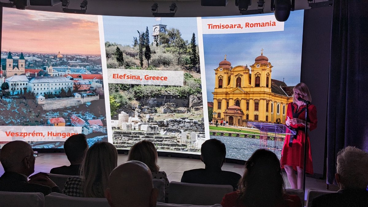 AHadjik's tweet photo. Delighted to attend an introduction to #european #cultural capitals 2023 @Hungaryhouse in London. Warm congrats to #Veszprém (#Hungary) #Timișoara (#Romania) &amp; #Elefsina (#Greece) @GreekEmbassyUK @EUNICLONDON https://t.co/8jxWl0u2Lz