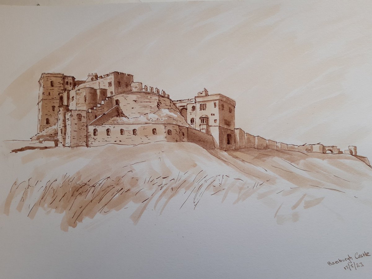 This drawing of Bamburgh Castle was made while I sat among the sand dunes to the south of the castle. It's drawn in brown ink, with pen and brush. 
#Bamburgh #Northumberland #castles