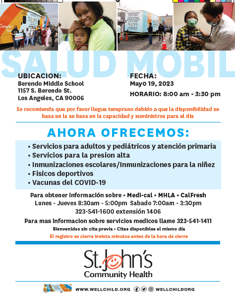 St. John's Community Health @Wellchildorg
will be at Berendo MS tomorrow, Fri. 5/19-8am -3:30pm providing primary care &amp; other services including immunizations/vaccines. Walk-ins &amp; same day appointments welcome.<a href="/LASchoolsWest/">LAUSD Region West</a> 
<a href="/LASchools/">Los Angeles Unified</a> <a href="/LAUSD_HealthRS/">Health Emergency Response & Support</a> <a href="/LausdNursing/">LAUSD Nursing</a> <a href="/KtownPU_CoS/">Koreatown Pico Union Community of Schools</a>