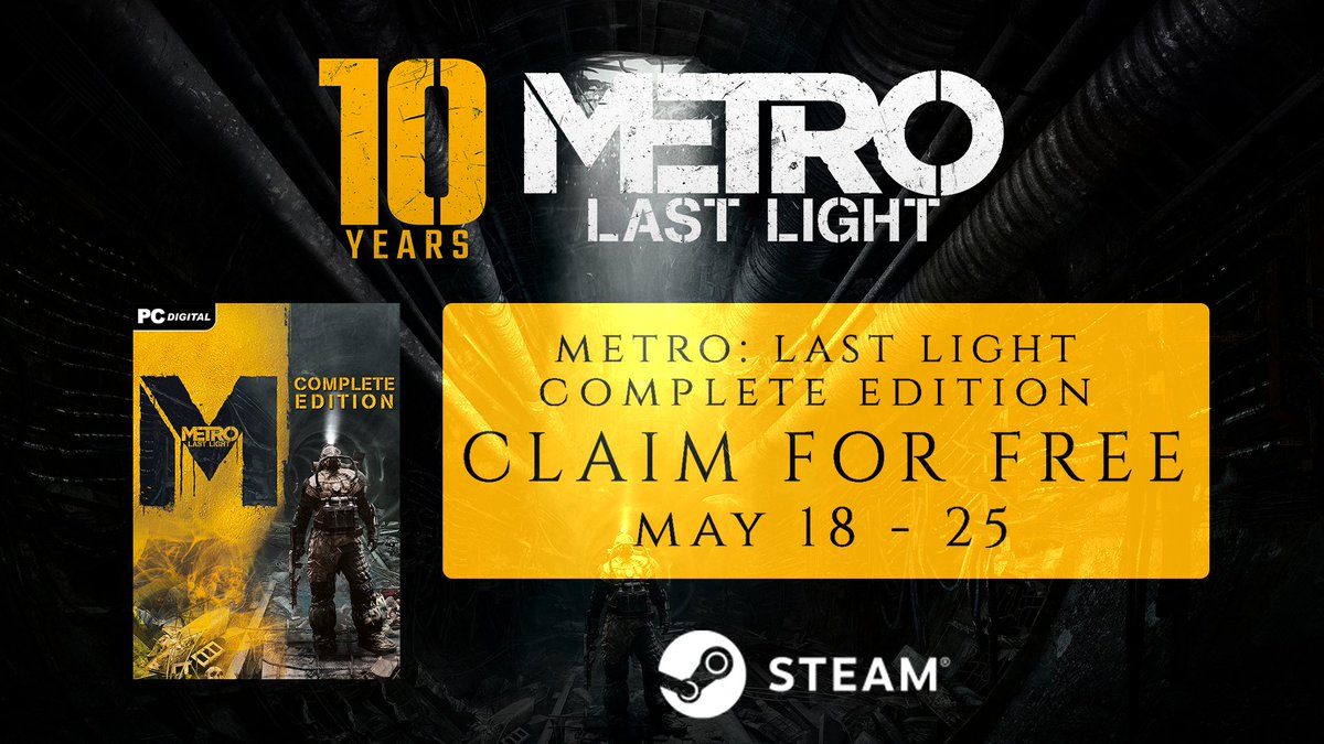 SteamGamesPC's tweet photo. Grab 🔥"Metro: Last Light's Complete Edition"🔥 game for FREE on Steam 📅(May 18-25)⬇️

👉https://t.co/nUIYNXCb7Y

🗓️From 18-25 May. Metro: Last Light's Complete Edition game will be available for Free on Steam to celebrate 10th Anniversary!

#Metro #MetroLastLight #Giveaway https://t.co/S9yX9tIlCM