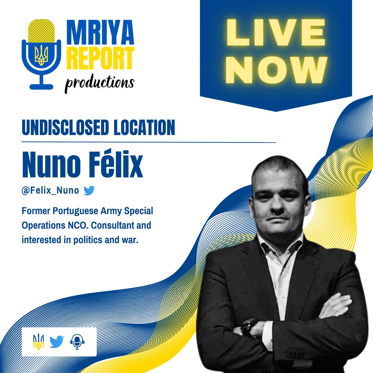 💥🇺🇦 LIVE NOW 🇺🇦💥
with Former Portuguese Army Special Operations NCO Nuno Félix for our weekly segment📍 𝗨𝗻𝗱𝗶𝘀𝗰𝗹𝗼𝘀𝗲𝗱 𝗟𝗼𝗰𝗮𝘁𝗶𝗼𝗻 📍 #LIVE on the @MriyaReport! Come join us & bring your questions 🎙️@Felix_Nuno

#CounterOffensive #MriyaReport #Ukraine #F16 #Kyiv