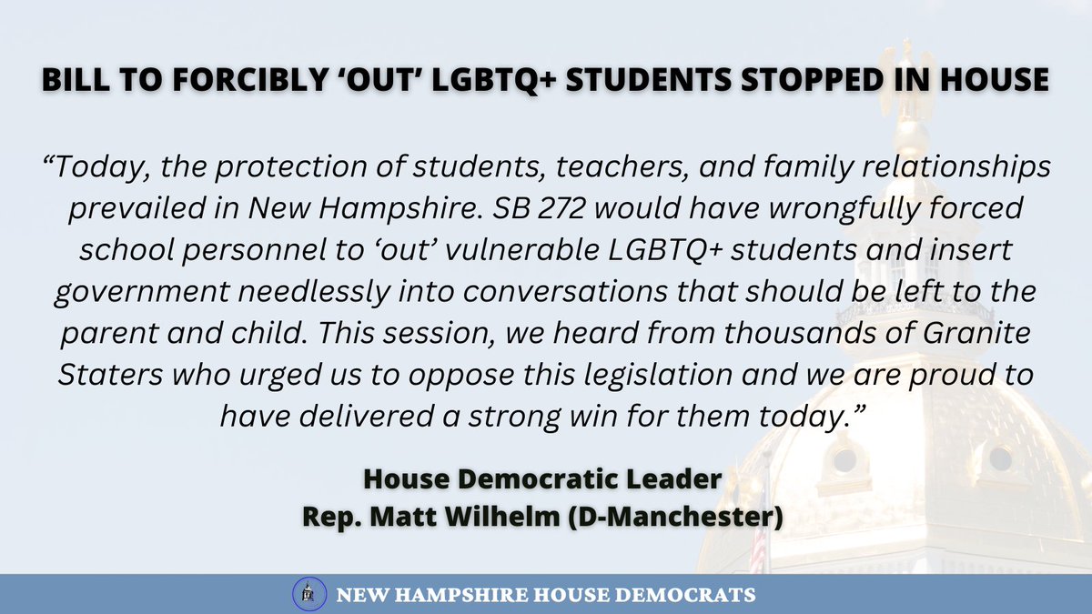 NHHouseDems's tweet photo. "This session, we heard from thousands of Granite Staters who urged us to oppose this legislation and we are proud to have delivered a strong win for them today.” - @RepWilhelm #NHPolitics https://t.co/KiMM4zqhlJ
