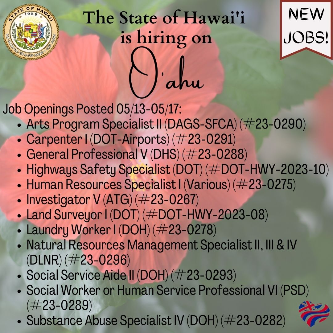 The State of Hawai'i is #hiring on #Oahu. Please visit governmentjobs.com/careers/hawaii for more information. @HawaiiDOH @HawaiiPSD @hawaiidot
@dlnr @AtghIgov @hawaii_sfca 
#hawaiiishiring #stateofhawaii #statejobs #oahujobs #jobopenings #recruitment #civilservice #publicservice