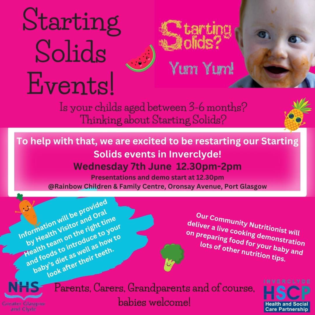 Please come and join us at our 1st Starting Solids Event on Wed 7th June 12.30pm-2pm at Rainbow Children & Family centre. 🥕🥦🍎🫐

Information provided by Health Visitors and the Oral Health Team along with a LIVE cooking demo from our Community Nutritionist! @NHSGGC
