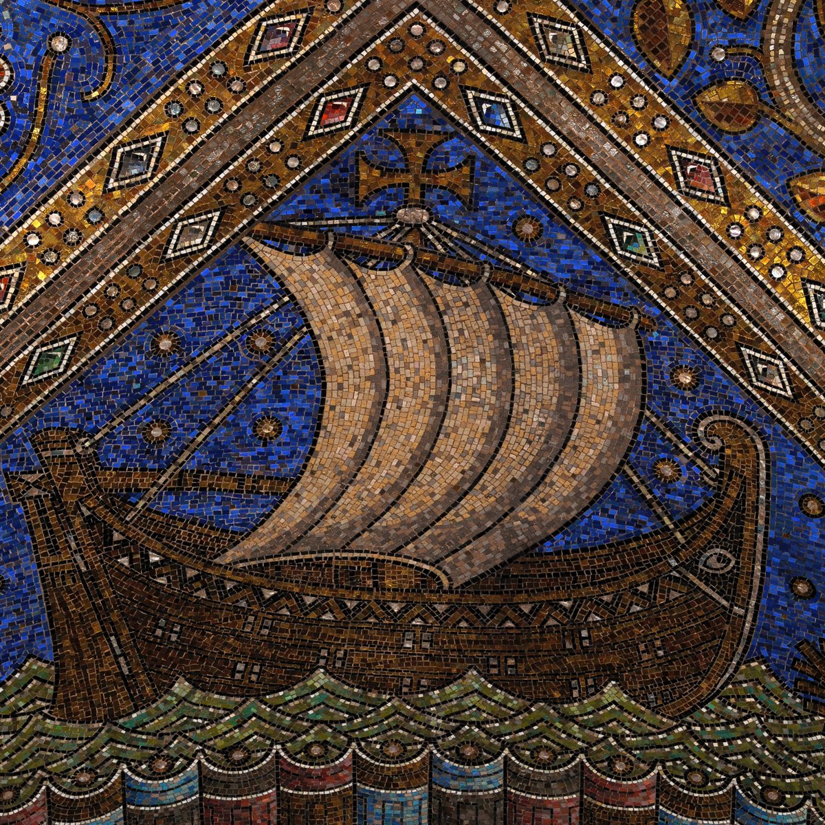 Sailing ship with billowing golden sail and single mast topped by Teutonic cross.  Byzantine-style mosaic from late 1800s or early 1900s Prussian era, #Aachen Cathedral, Germany: redbubble.com/people/terence… #mosaics #sailingships