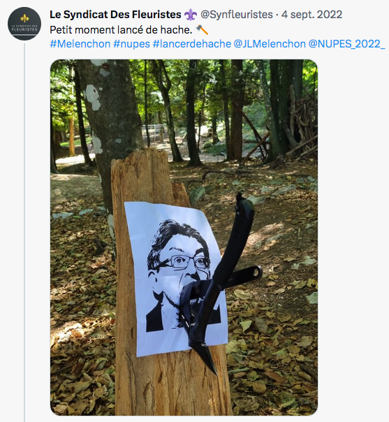 RicardParreir's tweet image. 6- Le 4 septembre 2022 des membres du SDF s'amusent à tirer des haches sur le portrait de JLMelenchon et suite le publient la vidéo sur les RS : Un appel de mort ? Leur haine envers des gauchistes et LFI est viscéral.