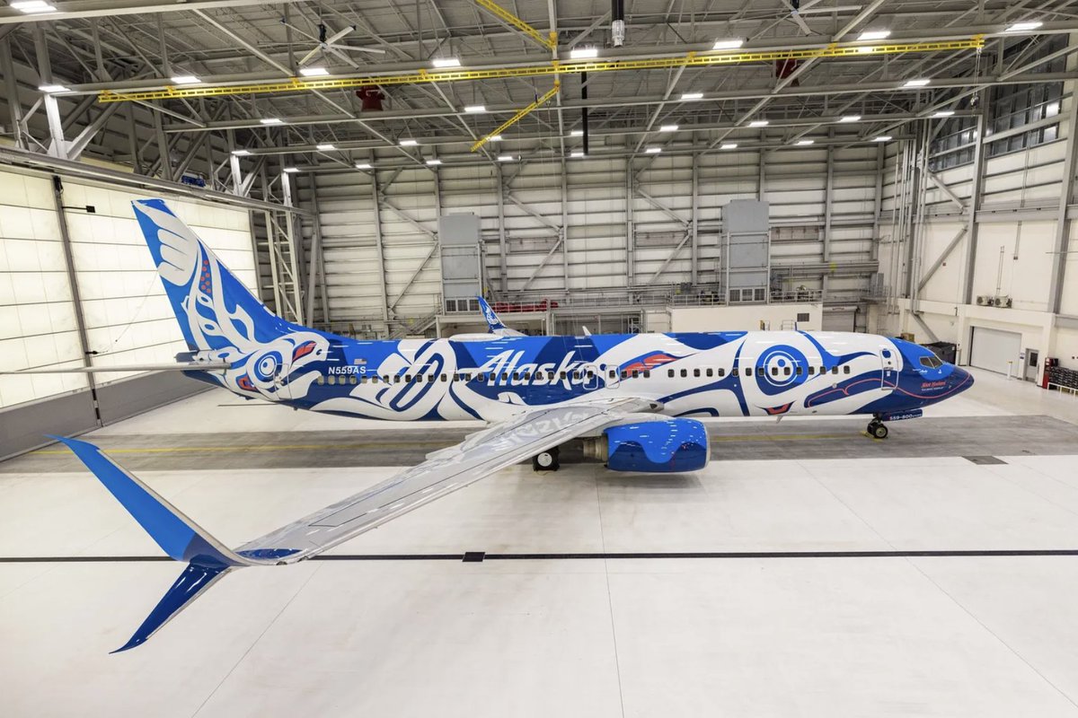 A new beautifully painted aircraft has taken to the skies with @AlaskaAir. This Boeing 737 features swirling salmon artwork done in the Northwest Coast formline style by Indigenous artist @CrystalWorl. Learn more: bit.ly/3Ohc9jN