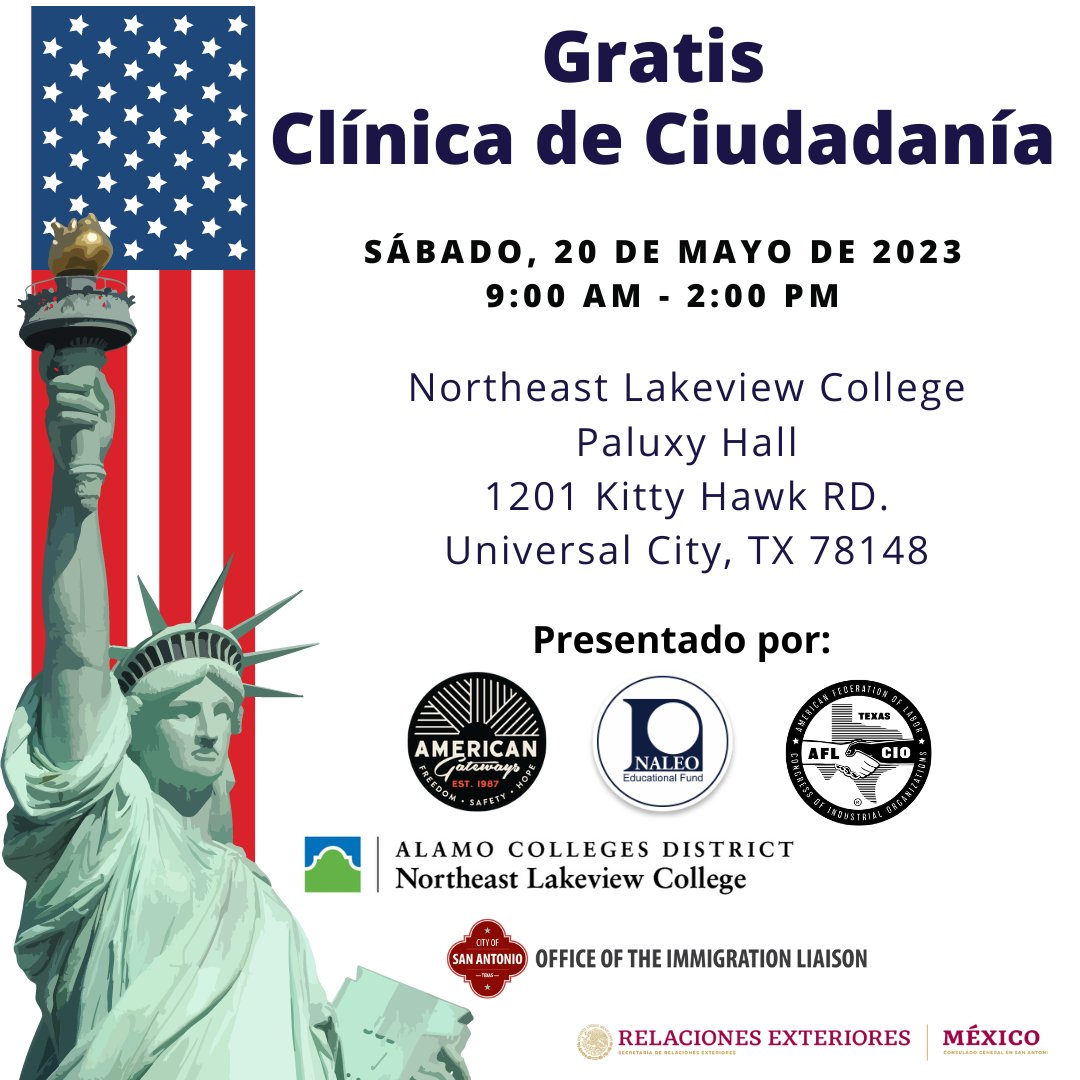 setc_alamo's tweet photo. Don't forget! Come join us on Saturday, May 20th for a FREE Citizenship Clinic at Northeast Lakeview College! See Flyer for more details. https://t.co/1Pxdf7DySW