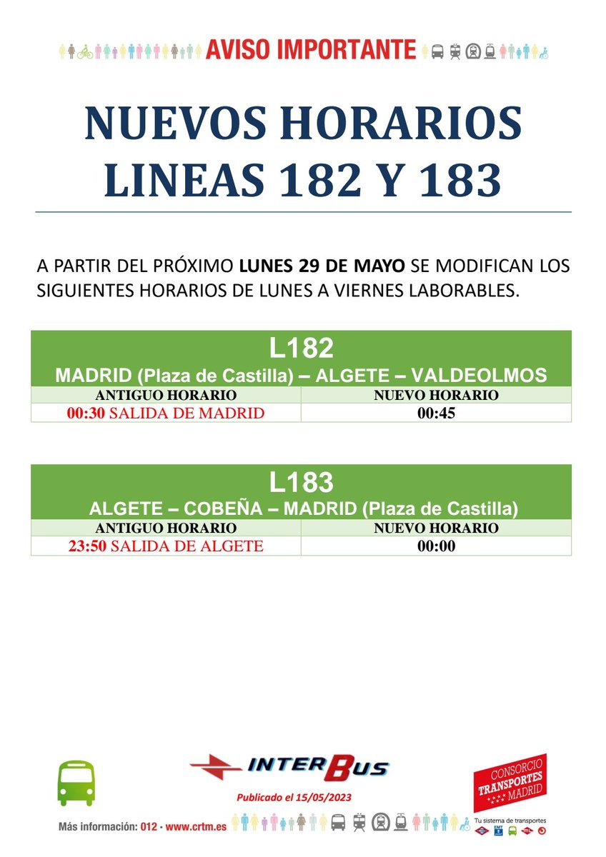 Aytodealgete's tweet photo. ℹ️ A partir del 29 de mayo, las líneas 182 (Algete-Valdeolmos) y 183 (Algete-Cobeña) de Interbus modificarán los horarios nocturnos.
🚍 Antes de viajar, revisa los nuevos horarios de transporte. https://t.co/oqM7IOPA8F