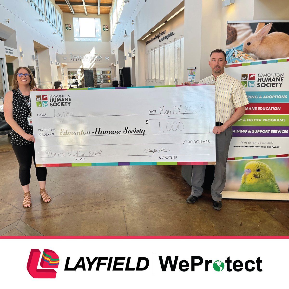 Layfield is proud to support the Edmonton Humane Society (EHS) and their collaboration with Edmonton's Animal Care and Control Centre! This donation will aid the evacuees affected by the devastating wildfires. #WildfireRelief #SupportEHS 
<a href="/LayfieldContain/">Layfield Geosynthetics</a> | <a href="/EdmontonHumane/">Edmonton Humane Society</a>