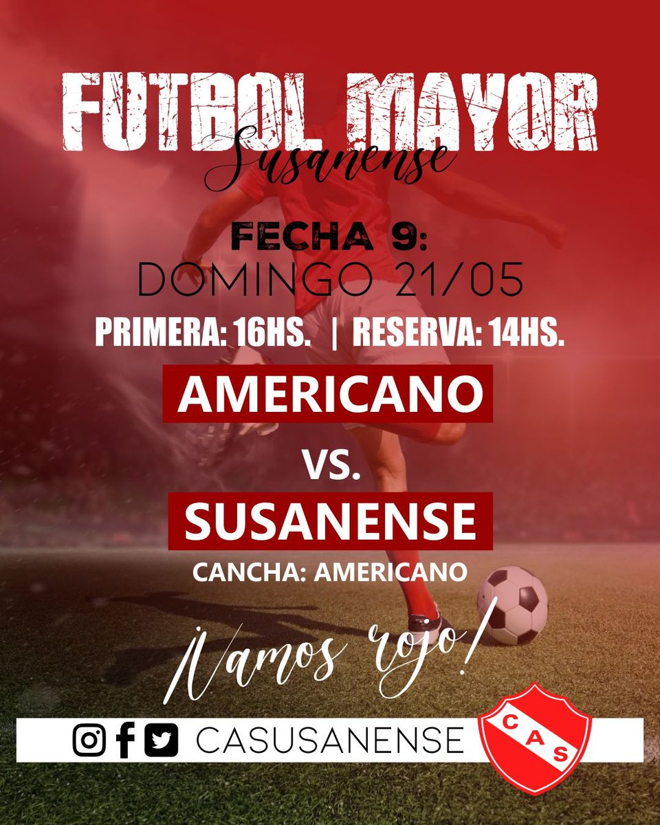 ⚽️ - FÚTBOL MAYOR: Este Domingo 21 visitamos a Americano.
🔸️PRIMERA: 16hs.
🔸️RESERVA: 14hs.
¡Vamos ROJO! 💪🏻❤️