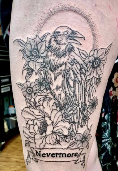 Obviously raised & lumpy as this was taken immediately after we finished today, but the majority of linework is done! Some text to be added, but mostly shading left. I’m in love. #RavenTattoo #Nevermore #TheRaven #EdgarAllenPoe #NewTattoo