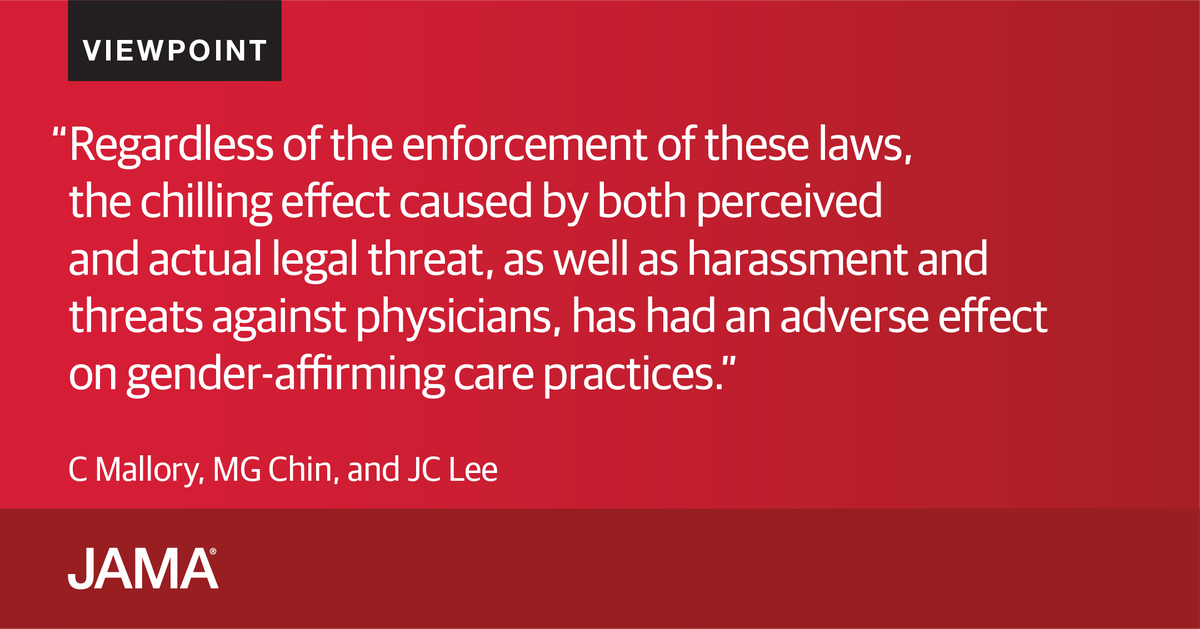 #Viewpoint explains the “legal limbo” physicians may find themselves in, straddling state laws banning gender-affirming care and federal nondiscrimination law, both of which remain unclear owing to ongoing legal challenges in the courts. ja.ma/3OpOJsD