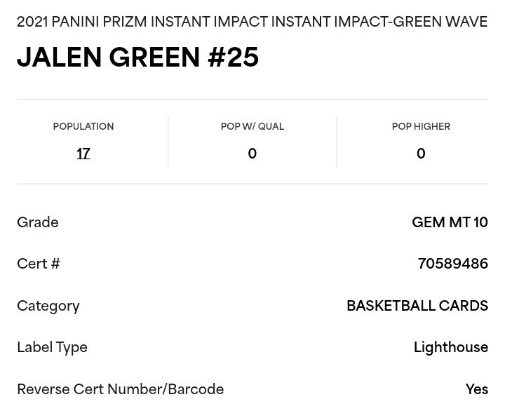 2021-22 Panini Prizm JALEN GREEN Rookie Instant Impact Green Wave Prizm PSA 10 🏀

$69.99 W/Free Shipping

CALL ☎️ TEXT OR DM 📩

#basketballcards #Panini #thehobby #rookie #sportscards #PSA #NBA #tradingcards #whodoyoucollect #basketball #Rockets #JalenGreen #sportscardsforsale