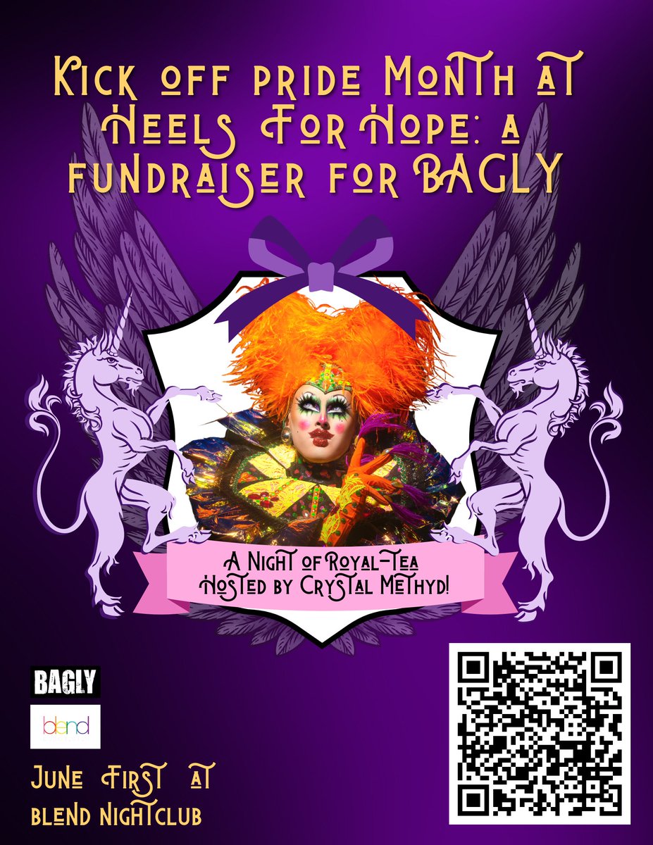BAGLYinc's tweet photo. Heels for Hope, is only two weeks away! Do you have your tickets to this year's royal affair hosted by @CrystalMethyd? Get your tickets today at https://t.co/PVIJTvWYX3 to kick off Pride by supporting queer and trans youth. All ticket sales benefit BAGLY! https://t.co/3p70SePlwt