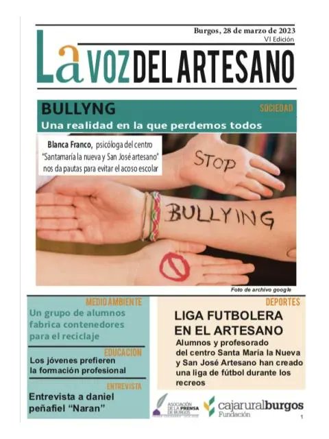SMNSJA's tweet photo. Alumnos de 1º de #FPGB de #FabricacionyMontaje, han ganado el concurso de la Asociación de Periodistas "el Periódico del Cole". ¡Enhorabuena chicos! Gracias a todos los que han colaborado para que "La Voz del Artesano" salga adelante #RedCentrosIt #ArchidiocesisBurgos #Teacompaño https://t.co/KChPyp0gaq