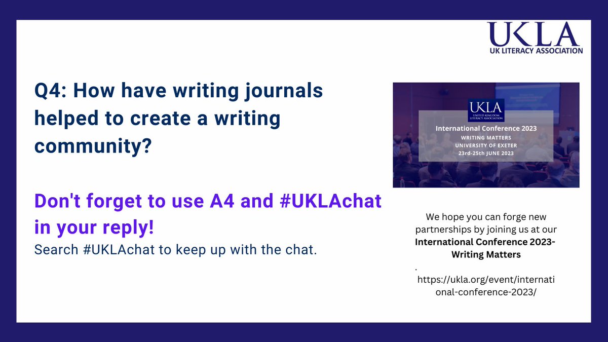 Emma Rogers (@ecawemma) on Twitter photo So, onto our final question. The responses so far have been fascinating. What do you think about this question? Perhaps you have linked with children's writing at home, or begun a writing journal of your own? <a href="/finwest/">Finola Utton</a> <a href="/KAssemakis/">Kerry Assemakis</a>
Q4 #UKLAchat So, onto our final question. The responses so far have been fascinating. What do you think about this question? Perhaps you have linked with children's writing at home, or begun a writing journal of your own? <a href="/finwest/">Finola Utton</a> <a href="/KAssemakis/">Kerry Assemakis</a>
Q4 #UKLAchat