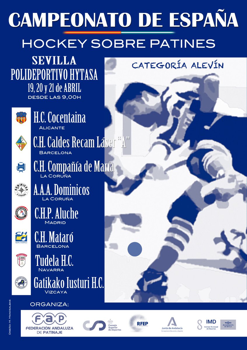 #HOCKEYSOBREPATINES
Los próximos días 19, 20 y 21 de abril, Sevilla acogerá el Campeonato de España en categoría alevín de hockey patines.
web.fapatinaje.org/sevilla-acoge-…

<a href="/FedAndPatinaje/">Federación Andaluza Patinaje</a> 
<a href="/FMPatinaje/">Federación Madrileña Patinaje</a> 
<a href="/fvp_ehif/">Fed. Vasca Patinaje</a> 
<a href="/FPatinatgeCV/">Federació Patinatge Comunitat Valenciana</a> 
<a href="/FGPatinaxe/">Fed. Galega Patinaxe</a> 
<a href="/FCPatinatge/">FCPatinatge</a>