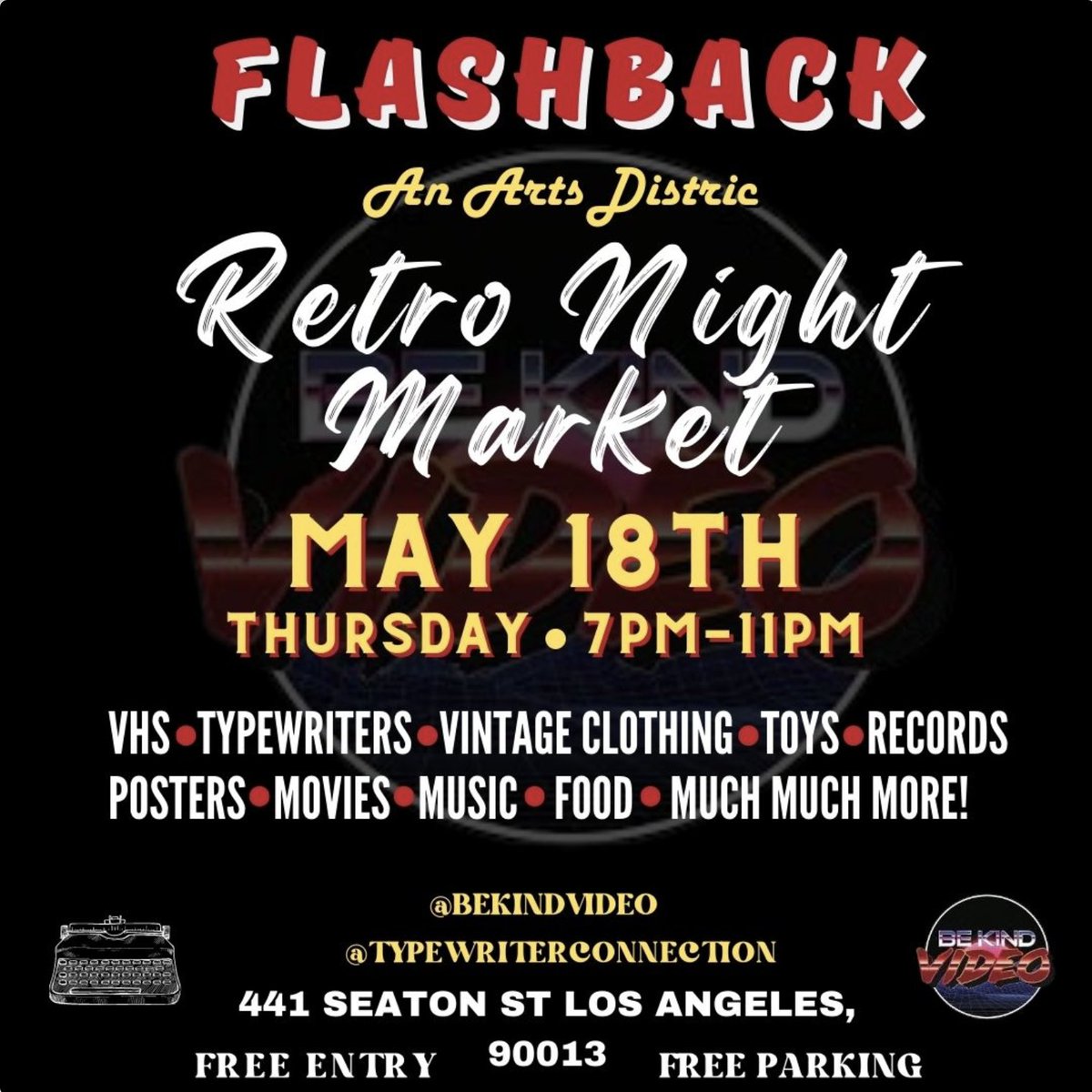 TONIGHT! You want Retro? We've got it! #vhs #vinyl #typewriters #analog #posters #art #movies #film #losangeles #videostore #nightout #nightmarket #popup #DTLA #music #cookies