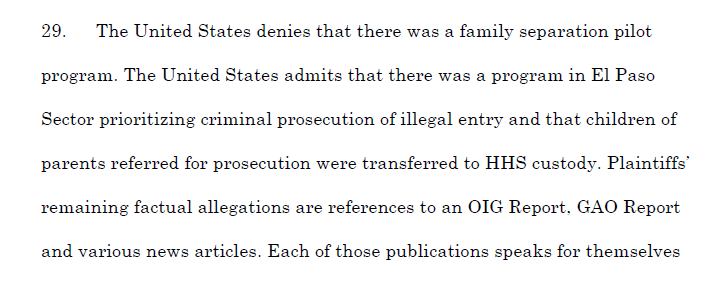 karhoff's tweet photo. "The United States denies that there was a family separation pilot program. The United States admits that there was a program" that separated families. https://t.co/yWyjfT9Bvk