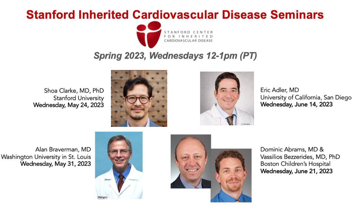 TiaMoscarello's tweet photo. Please join us for the Spring 2023 Inherited Cardiovascular Disease Seminars. Experts in polygenic risk scores, aortopathies, dilated cardiomyopathy and pediatric genetic heart disease in the line-up over the next month. Wednesdays, 12-1pm PT - hope to see you there! https://t.co/VmCuJDsYRr