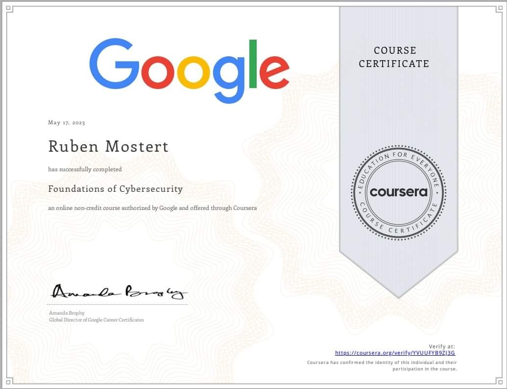 masterrubyza's tweet image. Finished my first of 8 Courses. Still a long road before i get my Google Cybersecurity Professional Certificate but it's an amazing journey. Passed this one with a grade of 91.66%. Thank You Google for the amazing course. #Google #cybersecurity #Security #cyberdefense
