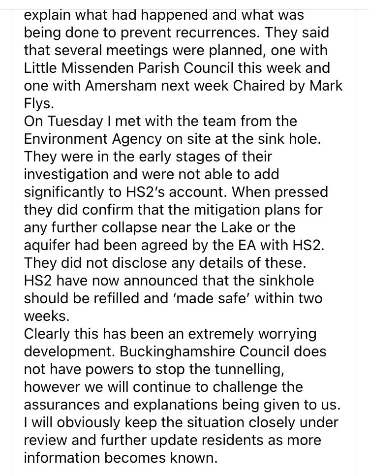 Update from Martin Tett on the most recent #sinkhole caused by HS2. (That’s a fact - they’ve admitted it.) I don’t think their reassurances are reassuring. #stophs2