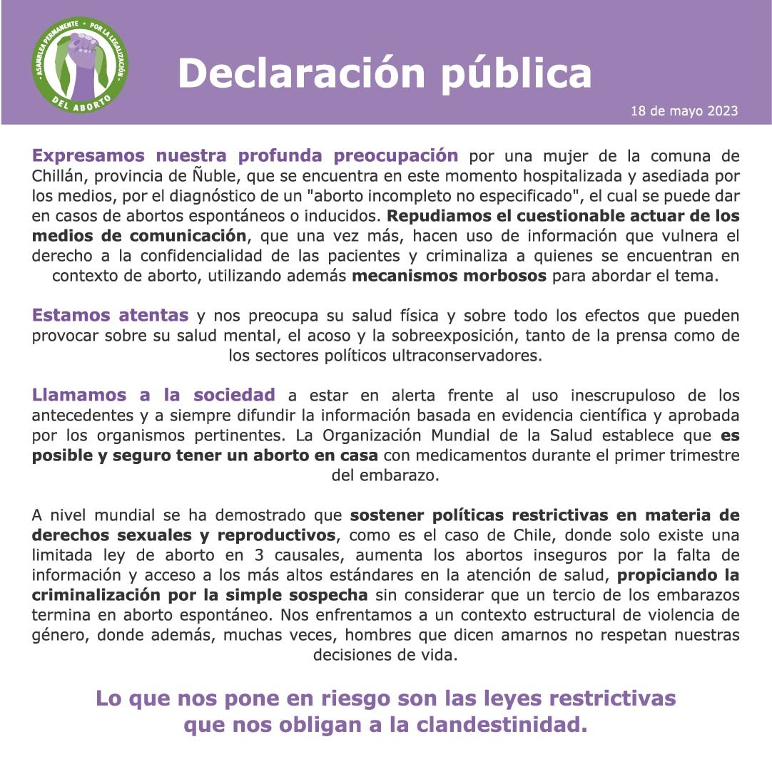 🚨 DECLARACIÓN PÚBLICA🚨
Frente a la criminalización de una mujer en el Ñuble.

#abortaresunderechonoundebate
#bastadecriminalización 
#abortolegal