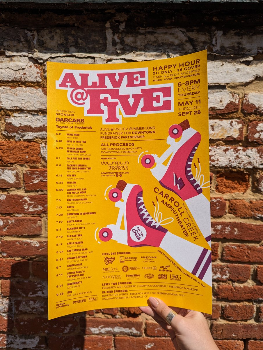 Another Alive @ Five season has begun! 

We had a blast with the <a href="/DwntwnFrederick/">Downtown Frederick</a> Partnership and Frederick Book Arts Center printing this year's posters with a silk screen.