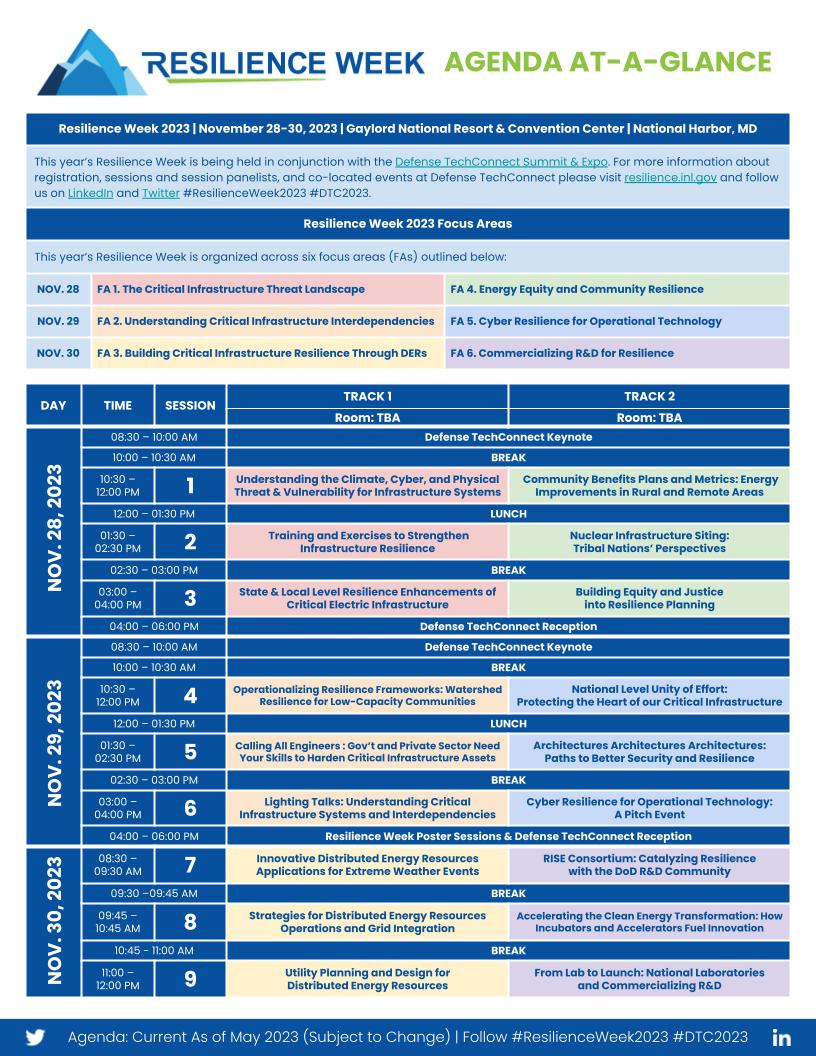 👀Take A Look the #ResilienceWeek2023 Agenda-At-A-Glance is LIVE. 

<a href="/ResilienceWeek/">Resilience Week</a>  is focused on transforming the #resilience of #criticalinfrastructure systems and communities across sectors.

Learn More. bit.ly/ResilienceWeek…