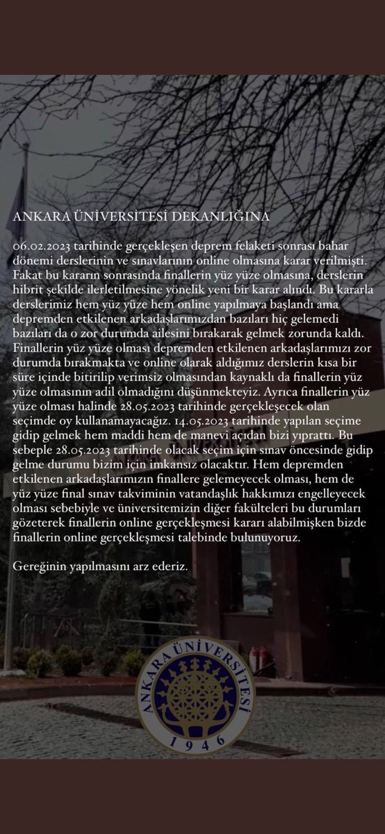 yavuzselimdegil's tweet photo. #anküonlineistiyor
@necdetunuvar
@YuksekogretimK
@AnkaraUni
Ankara Üniversitesi öğrencilerin mağduriyetini göz ardı ediyor.YÖK’ün de önerdiği gibi çevrim içi görülmüş derslerin sınavları da çevrim içi olmalı.Bilgisayar Mühendisliği olarak online final kararı bekliyoruz. https://t.co/XB5aq5ov3Z