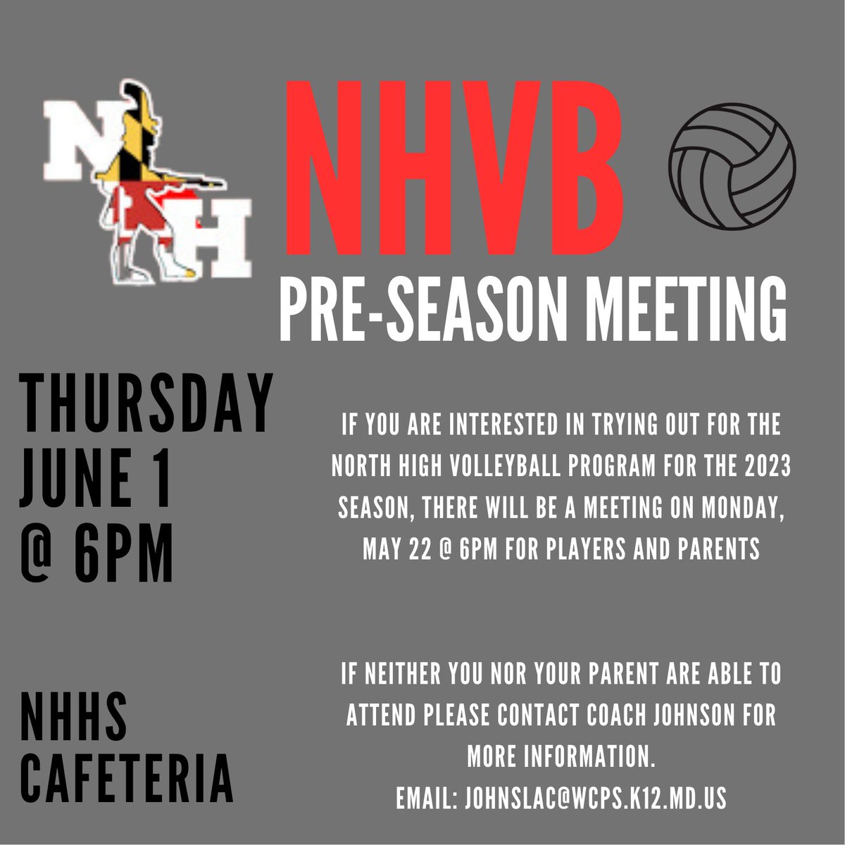 SCHEDULE CHANGE!!! Due to the many events happening at NHHS next week, the date of the North High Volleyball Meeting is being changed to Thursday June 1st at 6PM. Thank you for understanding and looking forward to seeing everyone then!